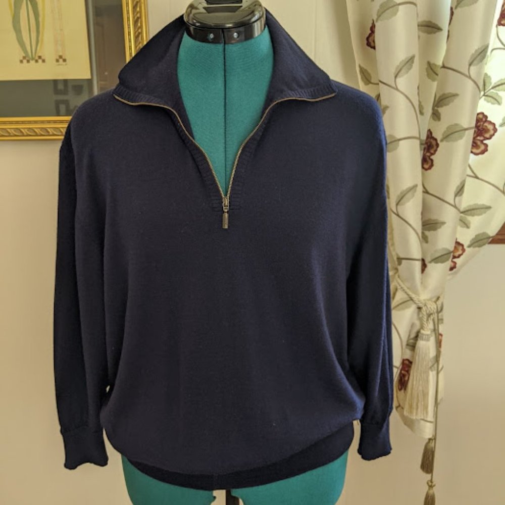 Brioni Quarter Zip Lana Wool Sweater Womens Navy Mock Neck Preppy. Size 50 EU/M.